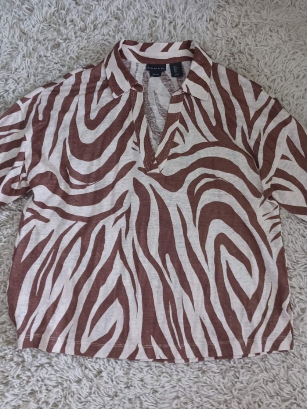 Tahari Womens L 100% Linen Zebra Animal Print Tunic Blouse Brown Ivory